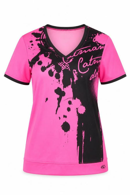 Front view of Hydro Dry women’s pink polyester basic t-shirt, size UK 12, v-neck