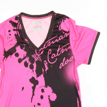 Close-up detail of Hydro Dry women’s pink polyester basic t-shirt, size UK 12, v-neck