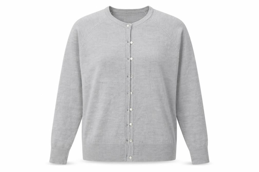 Front view of Classics women’s grey crew neck acrylic cardigan jumper, size M, - soft touch
