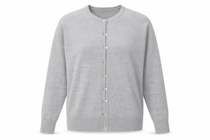 Front view of Classics women’s grey crew neck acrylic cardigan jumper, size M, - soft touch
