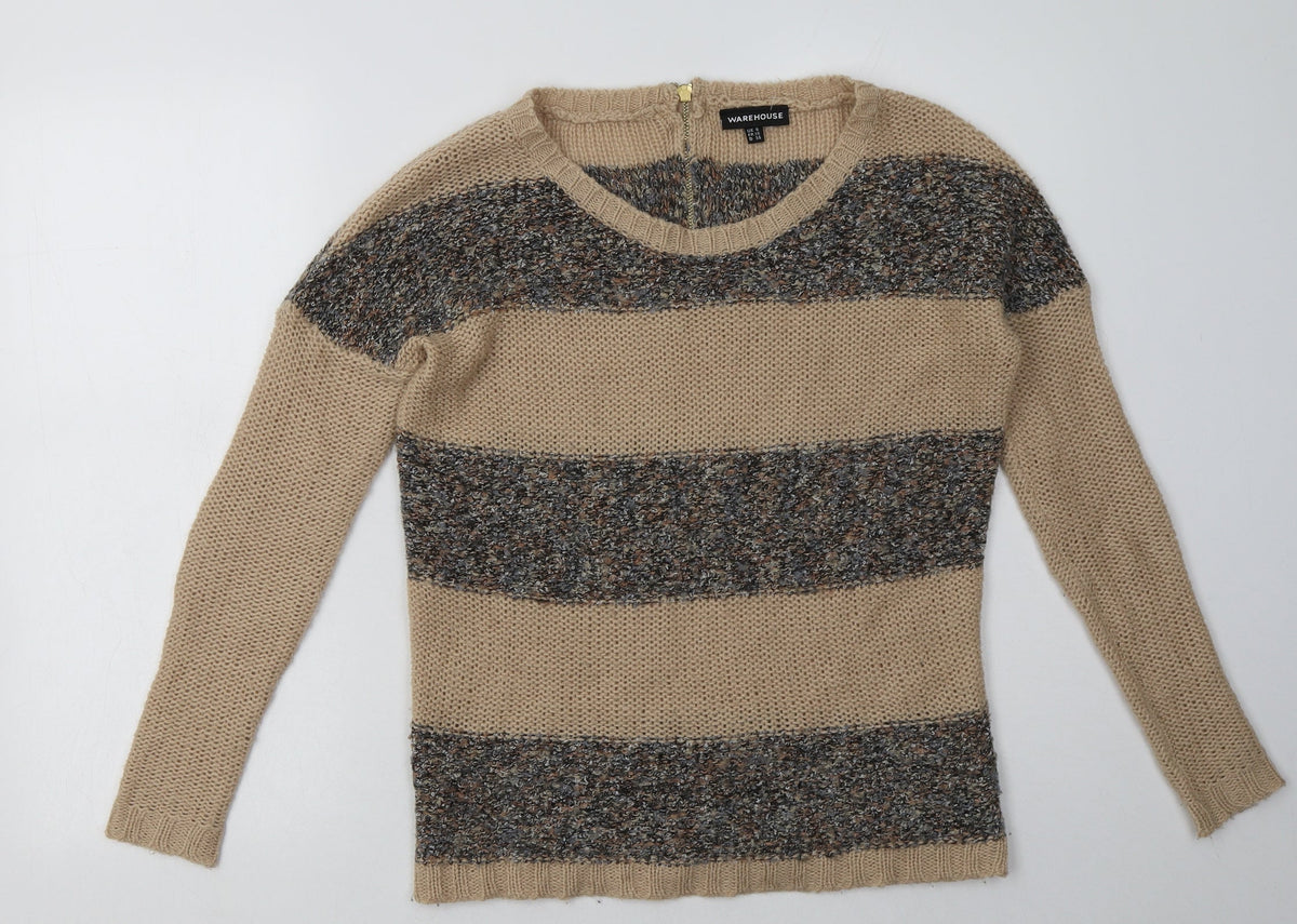Additional front view of warehuse women’s brown striped acrylic pullover sweatshirt, size UK 8, zip