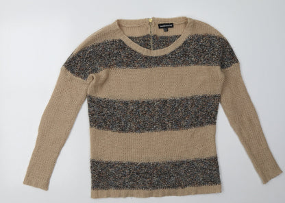 Additional front view of warehuse women’s brown striped acrylic pullover sweatshirt, size UK 8, zip