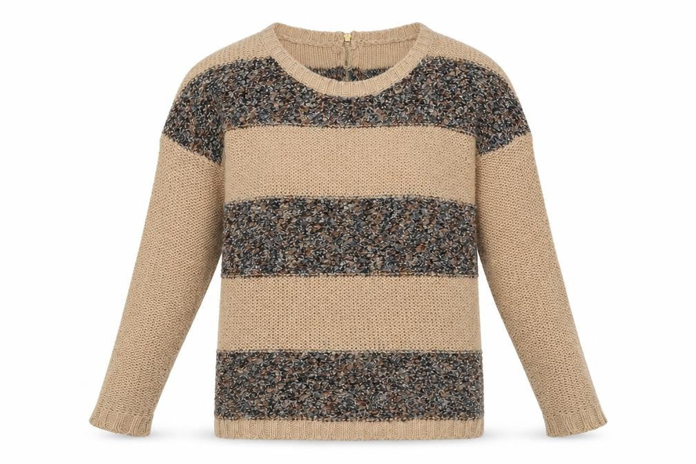 Front view of warehuse women’s brown striped acrylic pullover sweatshirt, size UK 8, zip