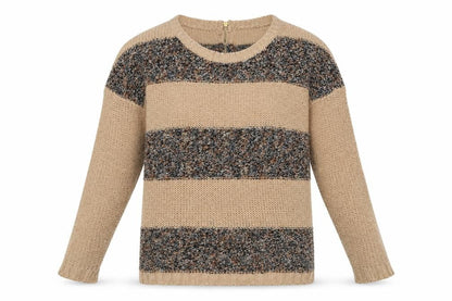 Front view of warehuse women’s brown striped acrylic pullover sweatshirt, size UK 8, zip