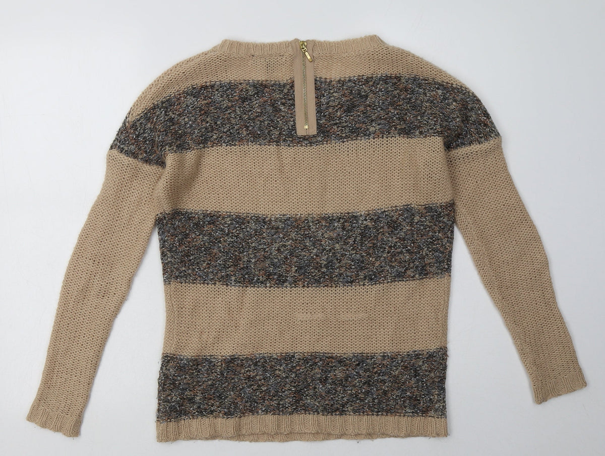 Back view of warehuse women’s brown striped acrylic pullover sweatshirt, size UK 8, zip