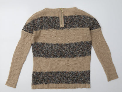 Back view of warehuse women’s brown striped acrylic pullover sweatshirt, size UK 8, zip