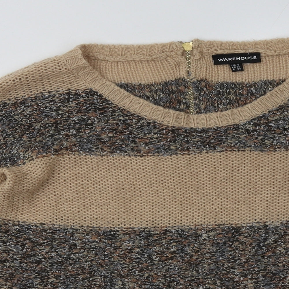 Close-up detail of warehuse women’s brown striped acrylic pullover sweatshirt, size UK 8, zip