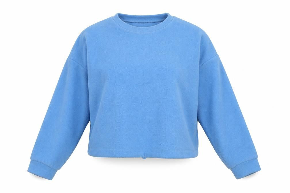 Front view of Stradivarius women’s blue polyester pullover sweatshirt, size S, pullover - cropped