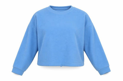 Front view of Stradivarius women’s blue polyester pullover sweatshirt, size S, pullover - cropped