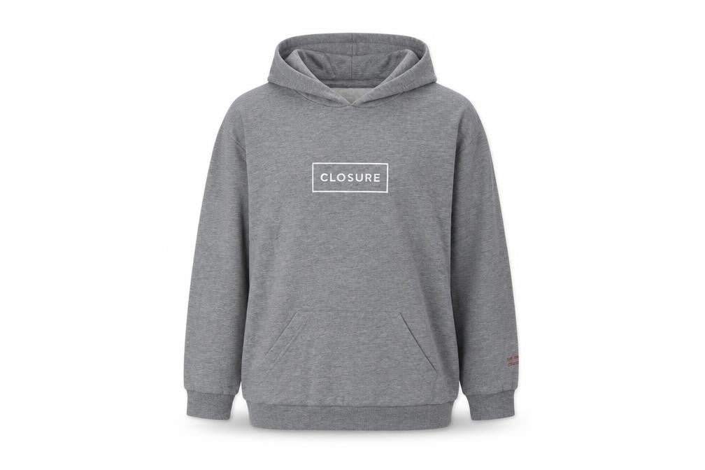 Front view of closure women’s grey polyester pullover hoodie, size S, pullover