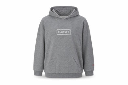 Front view of closure women’s grey polyester pullover hoodie, size S, pullover