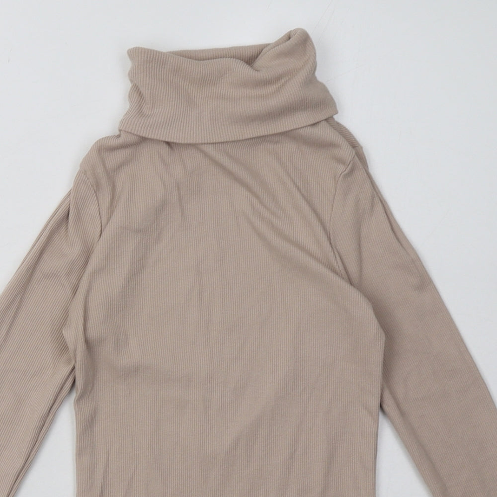 Close-up detail of New Look women’s beige polyester pullover sweatshirt, size UK 10, pullover