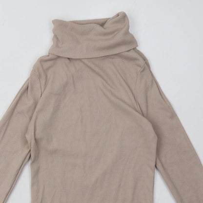 Close-up detail of New Look women’s beige polyester pullover sweatshirt, size UK 10, pullover