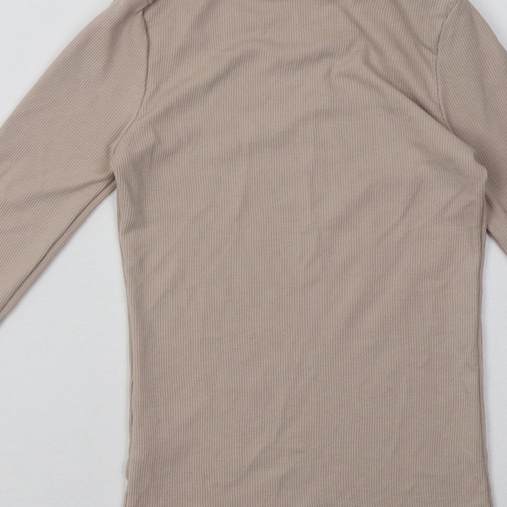 Brand and care label for New Look women’s beige polyester pullover sweatshirt, size UK 10, pullover