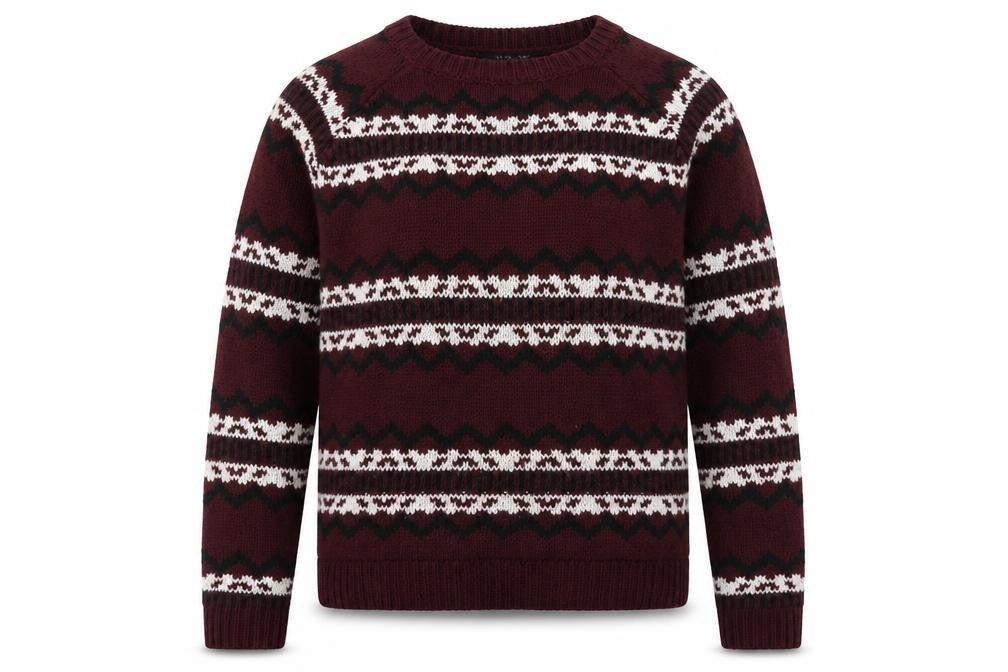 Front view of New Look girls’ red geometric acrylic pullover sweatshirt, size 14-15, years pullover