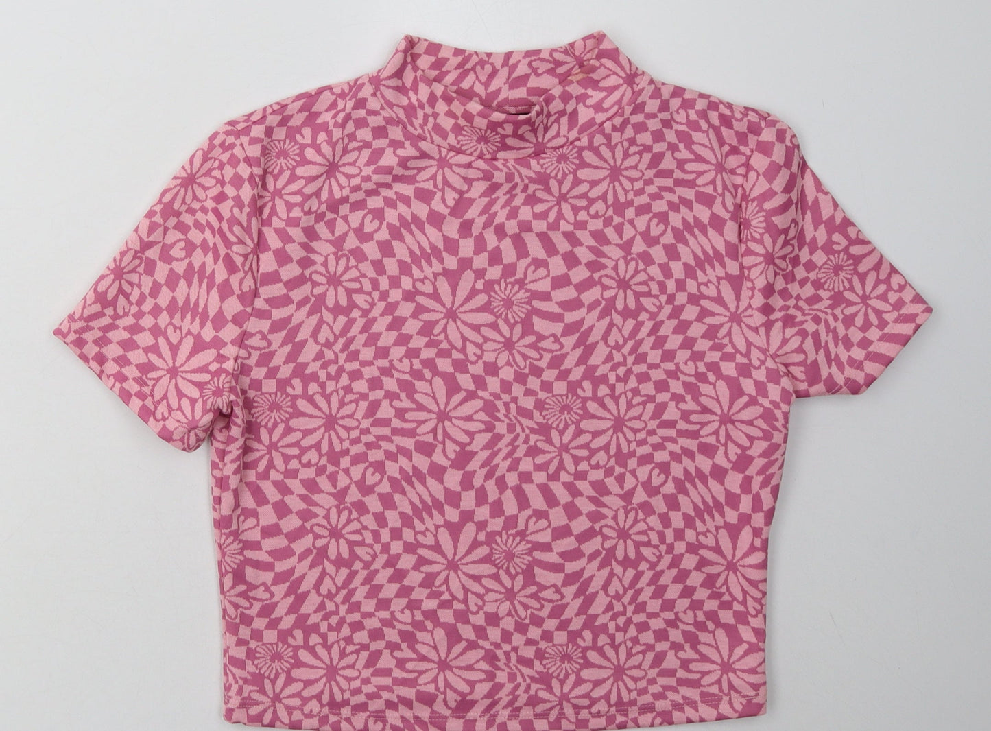 Primark Womens Pink Floral Viscose Cropped T-Shirt Size M Crew Neck