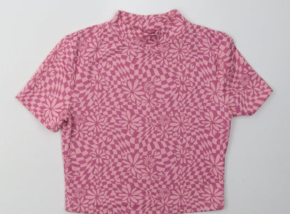 Primark Womens Pink Floral Viscose Cropped T-Shirt Size M Crew Neck