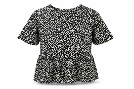 Front view of Pull&Bear women’s black floral cotton basic t-shirt, size S, round neck