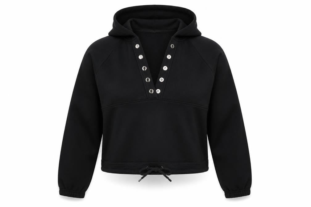 Front view of PRETTYLITTLETHING women’s black cotton pullover hoodie, size S