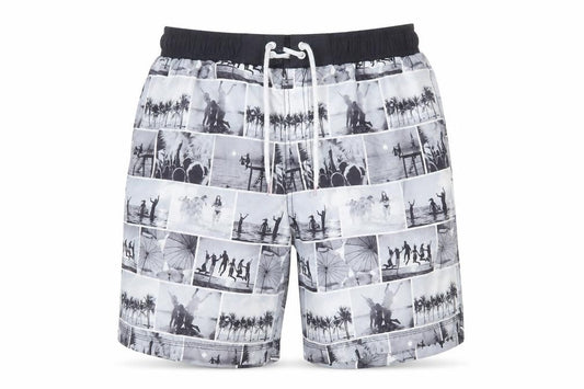Front view of Preworn men’s grey polyester bermuda shorts, size 30, in regular drawstring - swim short