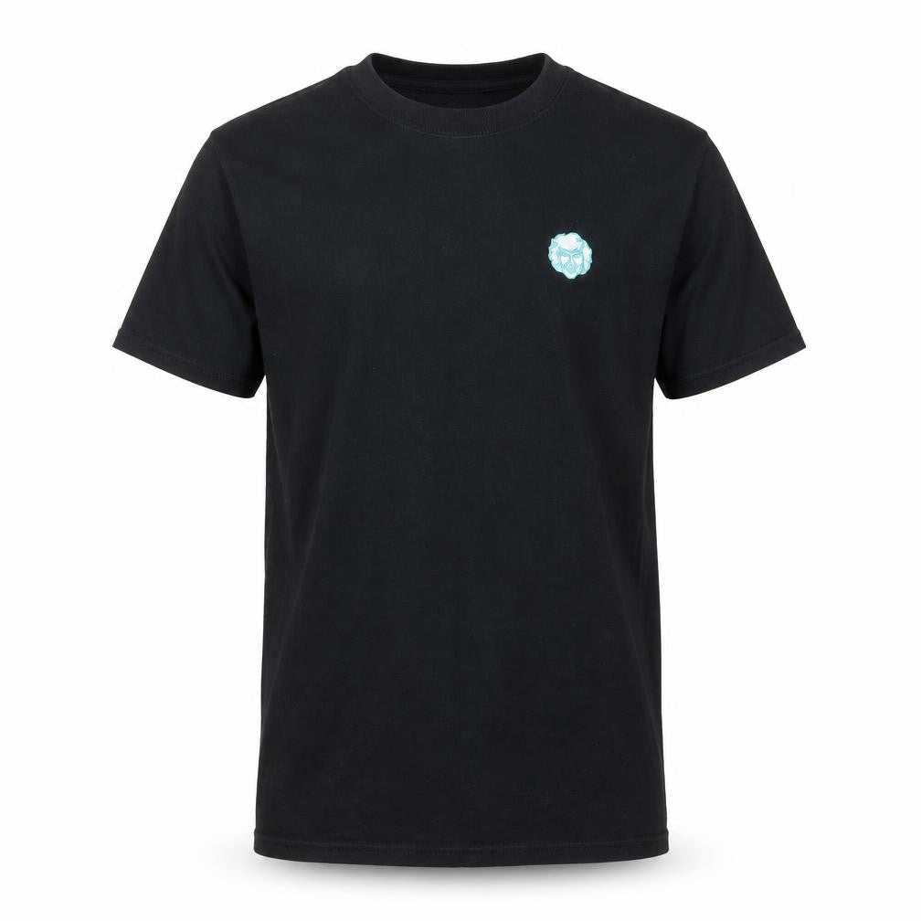 Front view of Preworn men’s black cotton t-shirt, size S, round neck - face