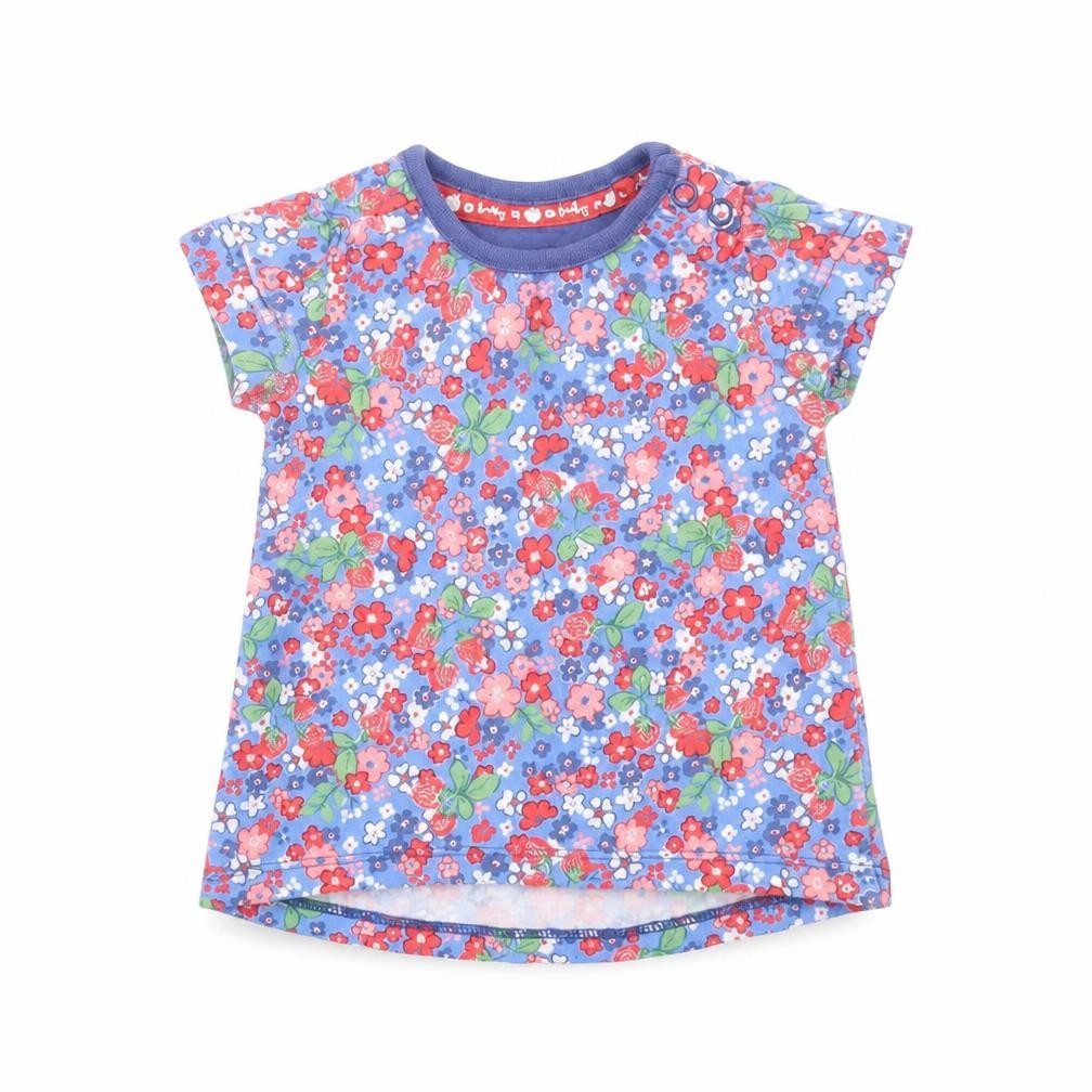 Front view of Tu girls’ blue floral cotton basic t-shirt, size 0-3, months round neck