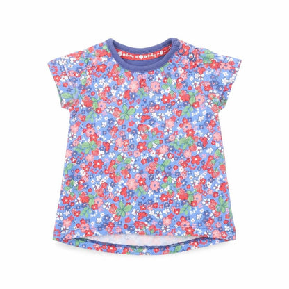 Front view of Tu girls’ blue floral cotton basic t-shirt, size 0-3, months round neck