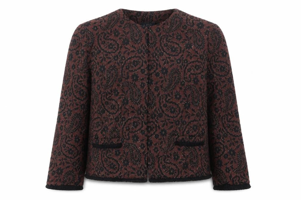 Front view of Marks & Spencer women’s red round neck floral polyester cardigan jumper, size UK 14