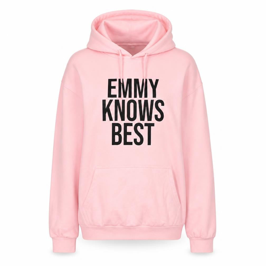Front view of De-Lux women’s pink cotton pullover hoodie, size S, - emmy knows best