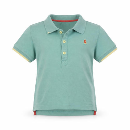 Front view of mamas & papas boys’ green cotton basic polo, size 4-5, years collared