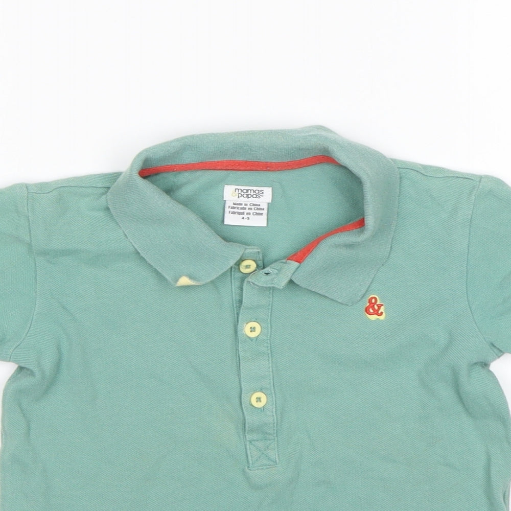 Close-up detail of mamas & papas boys’ green cotton basic polo, size 4-5, years collared
