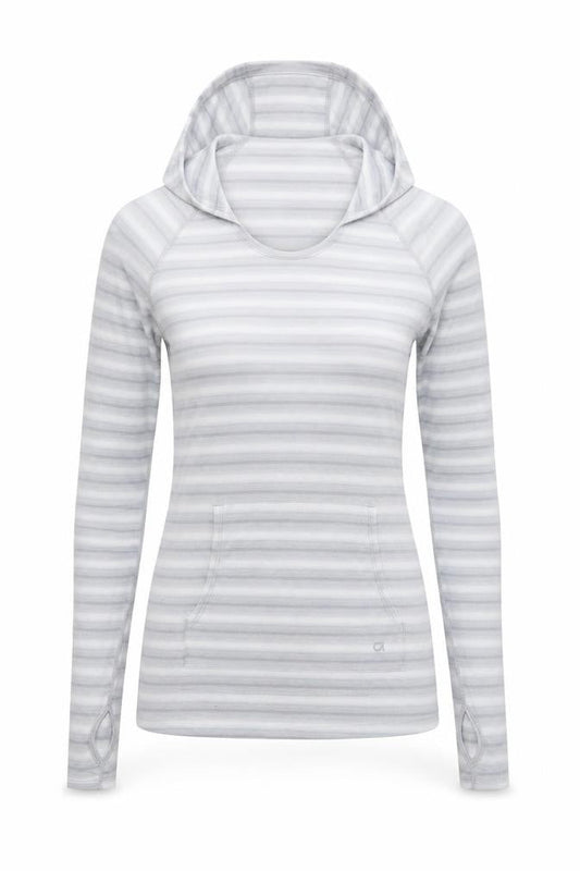 Front view of Gap women’s grey striped polyester pullover hoodie, size XS