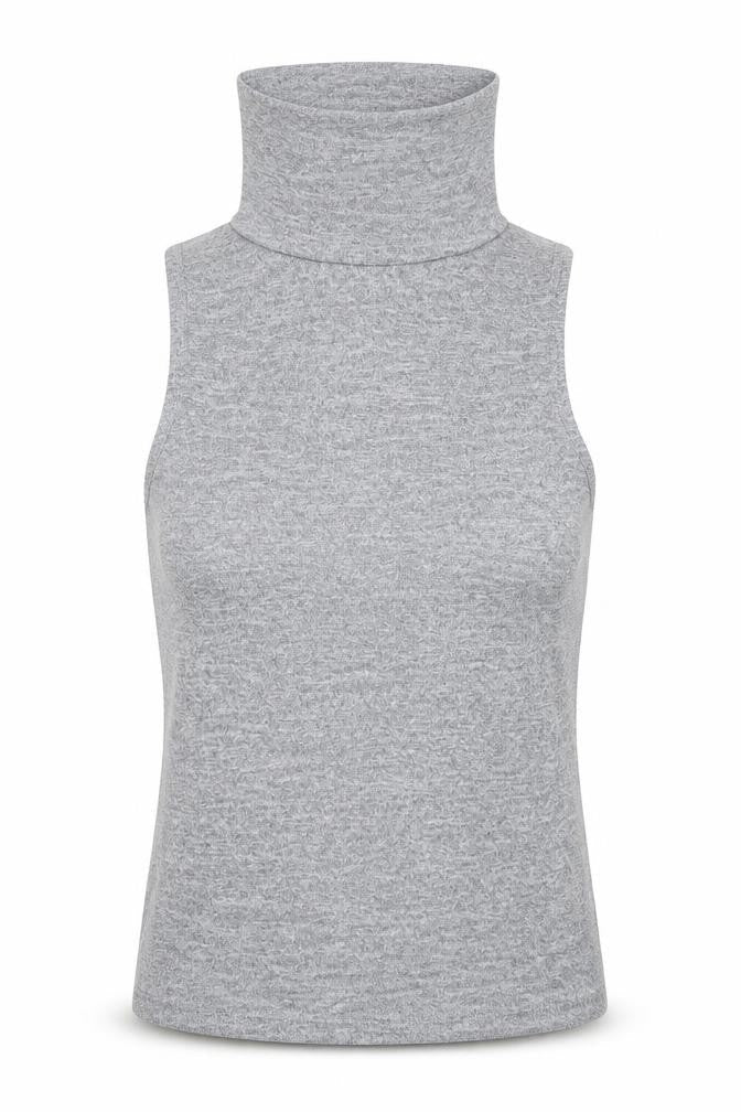 Front view of New Look women’s grey roll neck polyester vest jumper, size UK 14
