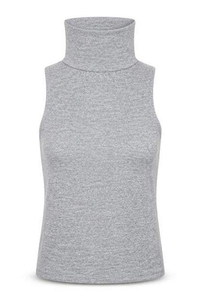 Front view of New Look women’s grey roll neck polyester vest jumper, size UK 14