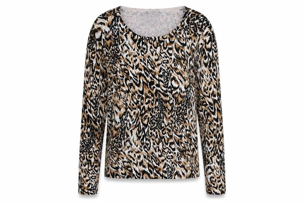 Front view of Christina women’s multicoloured round neck animal print viscose jumper, size L