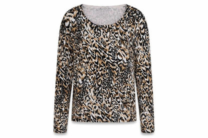 Front view of Christina women’s multicoloured round neck animal print viscose jumper, size L