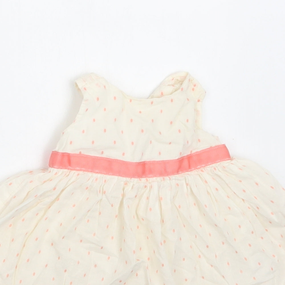 M&S Baby Ivory Polka Dot Cotton A-Line  Size 3-6 Months  Round Neck Button