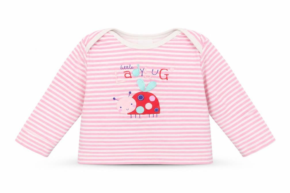 Front view of F&F Baby Pink Striped Cotton Basic Blouse, size 12-18, Months Crew Neck - Ladybug