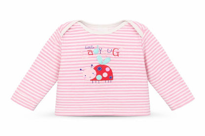 Front view of F&F Baby Pink Striped Cotton Basic Blouse, size 12-18, Months Crew Neck - Ladybug