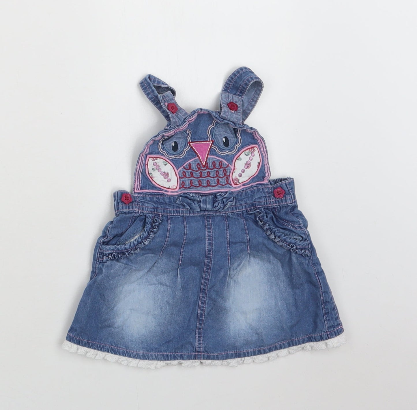 M &Co Baby Blue  Cotton Pinafore/Dungaree Dress  Size 9-12 Months  Square Neck Button - Owl