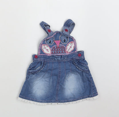 M &Co Baby Blue  Cotton Pinafore/Dungaree Dress  Size 9-12 Months  Square Neck Button - Owl