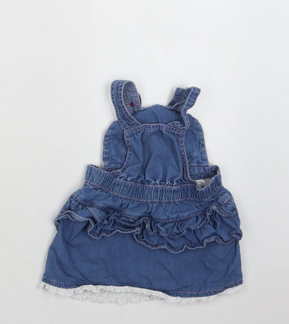 M &Co Baby Blue  Cotton Pinafore/Dungaree Dress  Size 9-12 Months  Square Neck Button - Owl