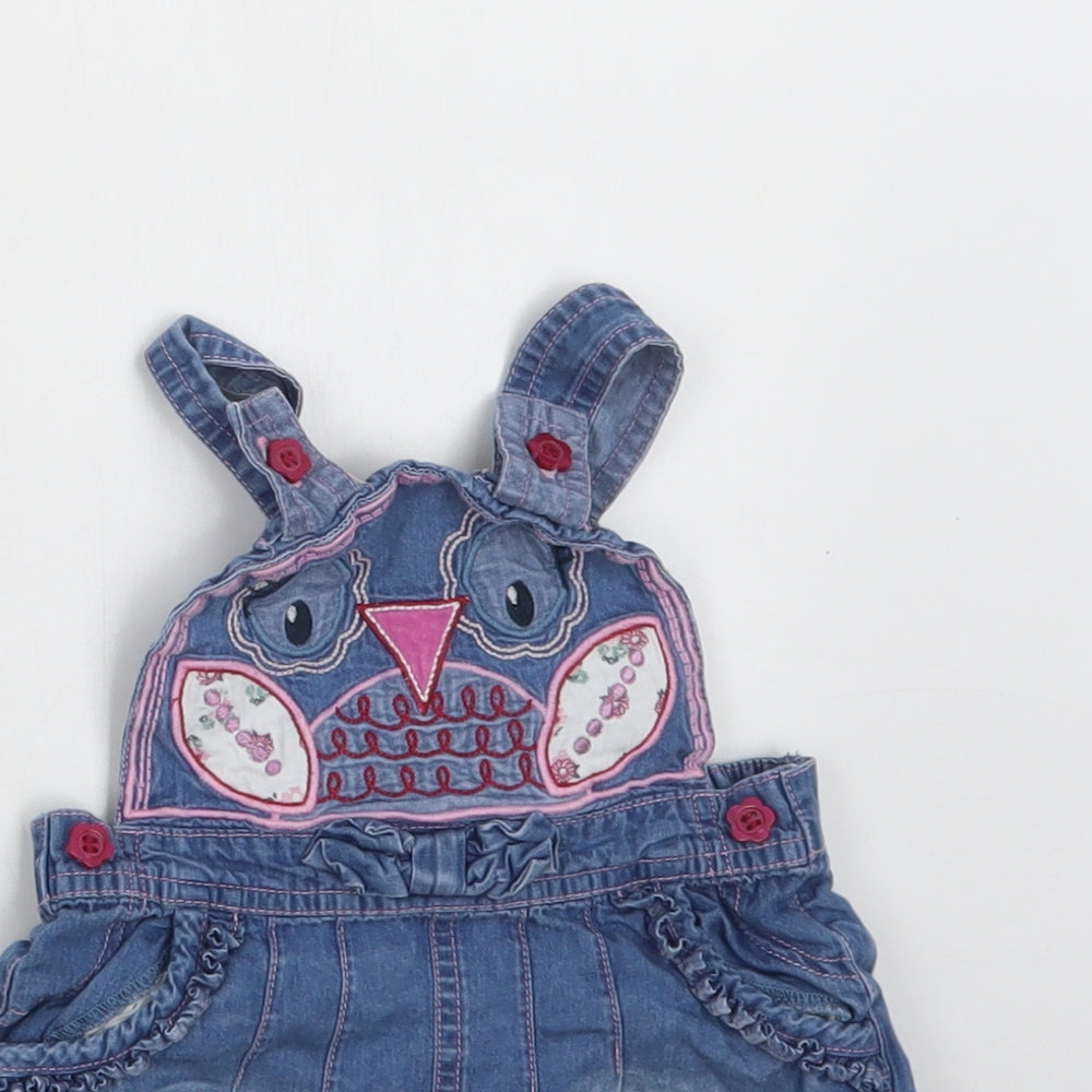 M &Co Baby Blue  Cotton Pinafore/Dungaree Dress  Size 9-12 Months  Square Neck Button - Owl