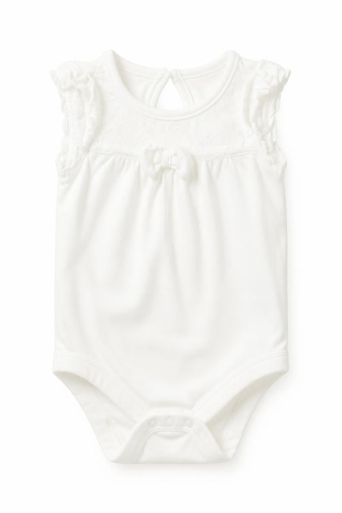 Front view of Tu Baby White Cotton Romper One-Piece, size 0-3, Months Snap