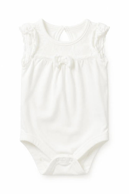 Front view of Tu Baby White Cotton Romper One-Piece, size 0-3, Months Snap