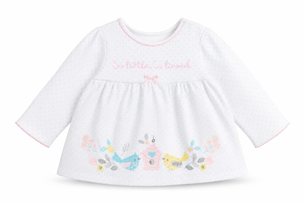 Front view of M&Co Baby White Polka Dot Cotton Fit & Flare, size 9-12, Months Crew Neck Snap