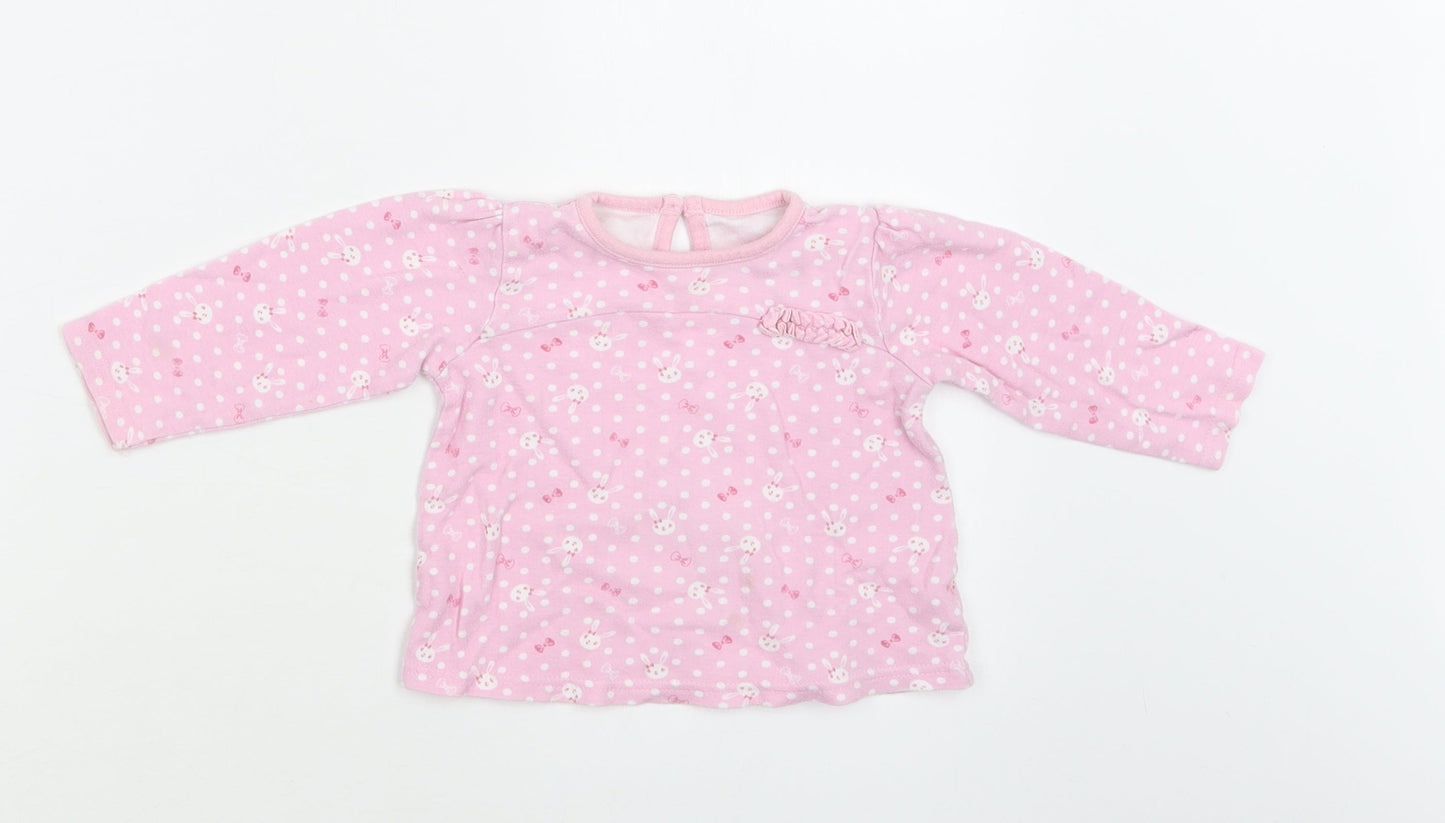 George Baby Pink Polka Dot Cotton Basic Blouse Size 9-12 Months Crew Neck Button - Bunny Print