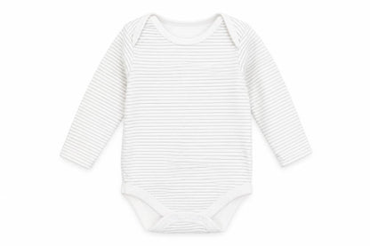 Front view of Tu Baby White Striped Cotton Romper One-Piece, size 9-12, Months Snap