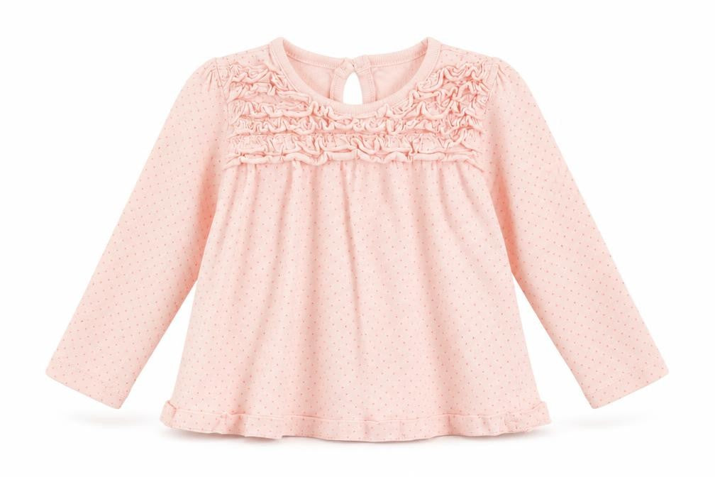 Front view of F&F Baby Pink Polka Dot Cotton Basic Blouse, size 9-12, Months Crew Neck Button