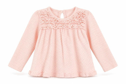 Front view of F&F Baby Pink Polka Dot Cotton Basic Blouse, size 9-12, Months Crew Neck Button